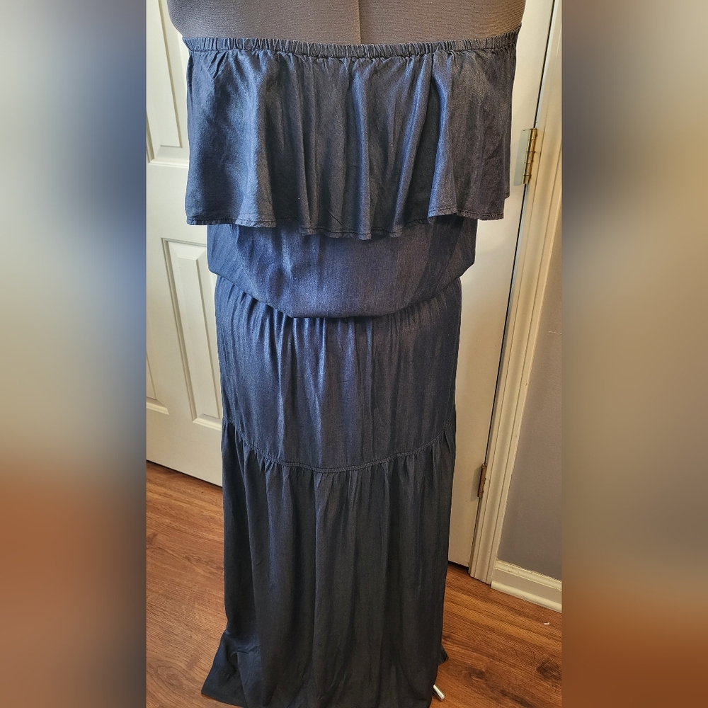 INC International Concepts Navy Blue Strapless Tiered Maxi Dress